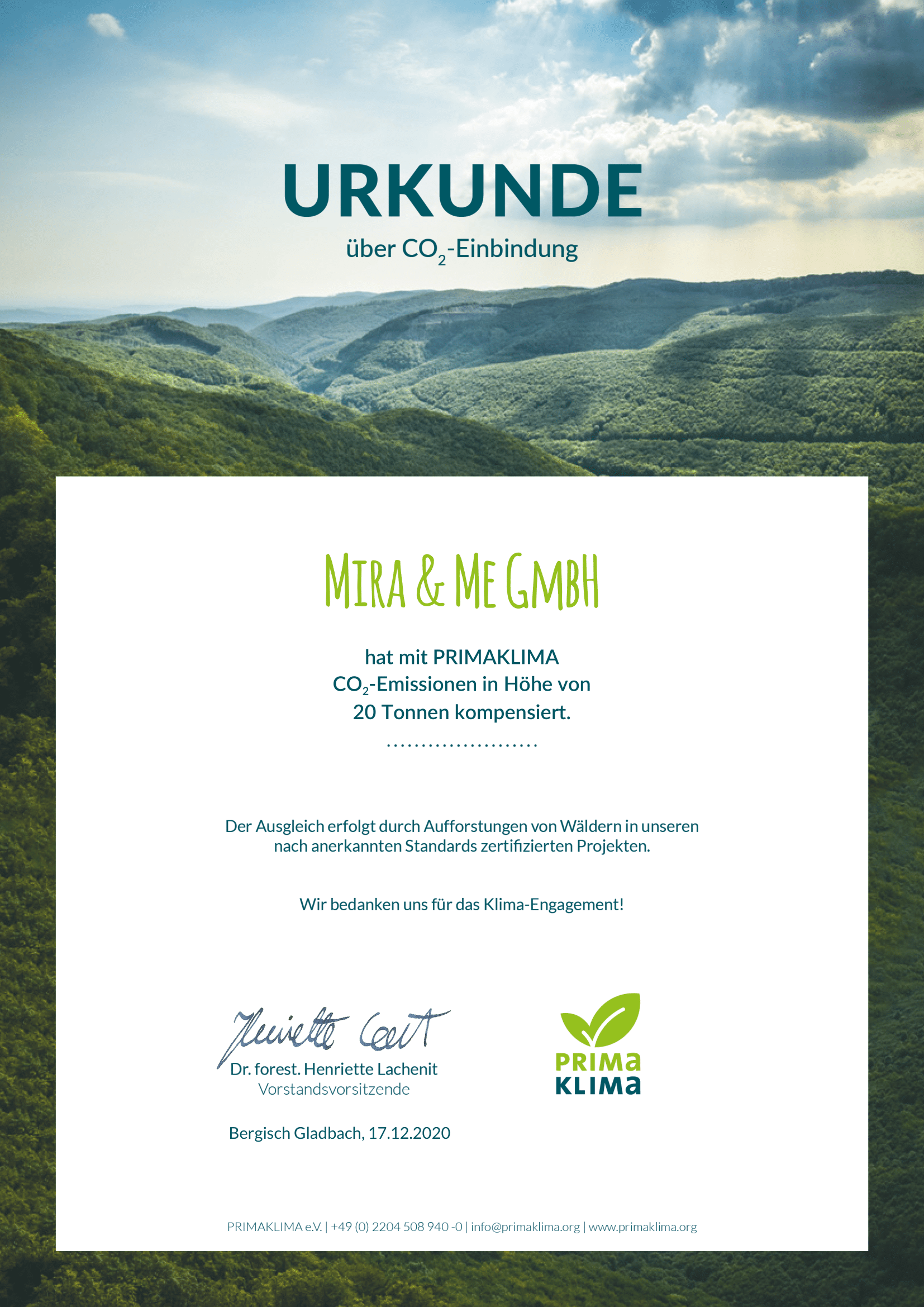 CO2 Ausgleich Zertifikat 2020